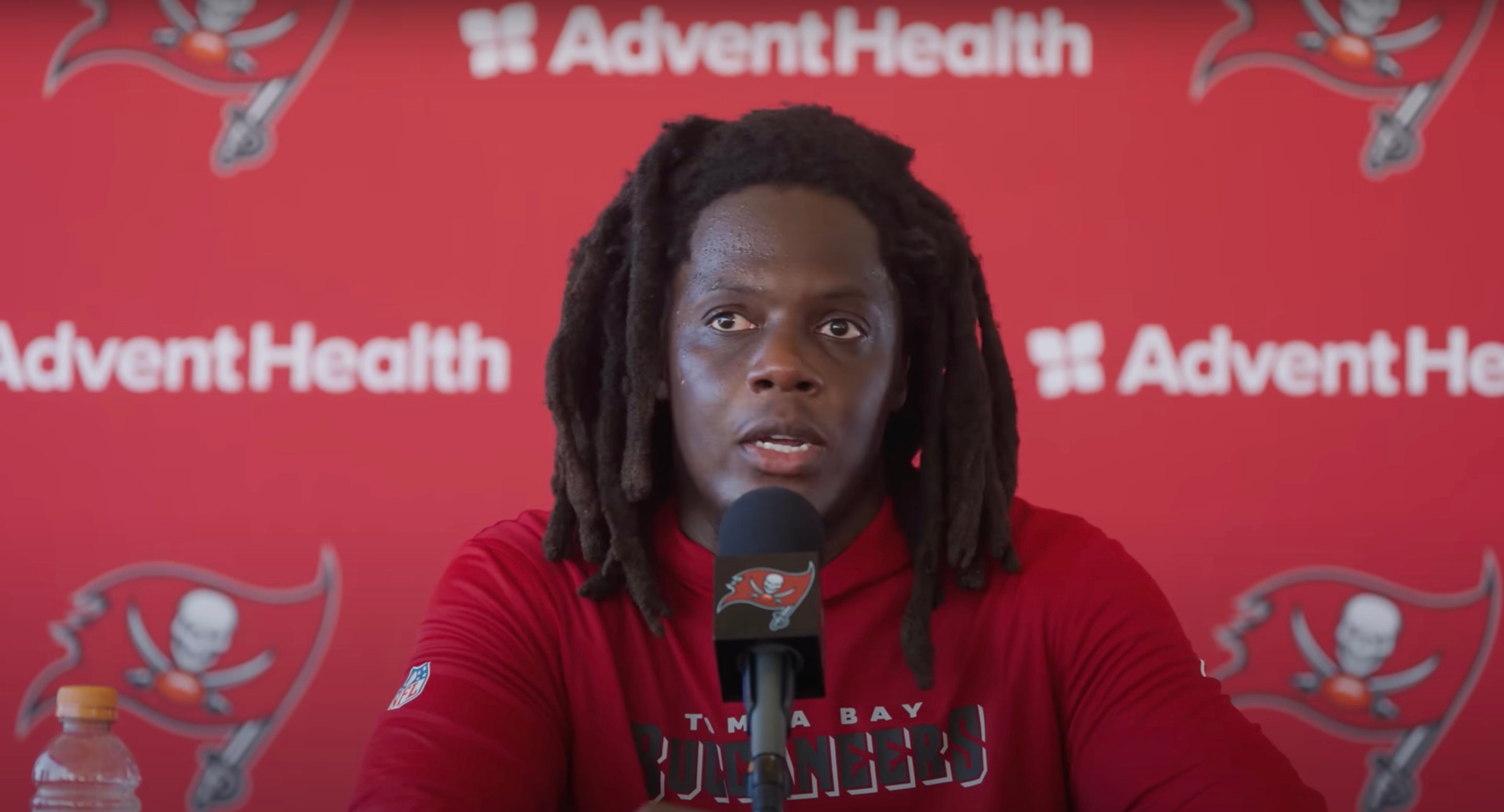 Teddy Bridgewater talks with reporters after Buccaneers training camp practice.